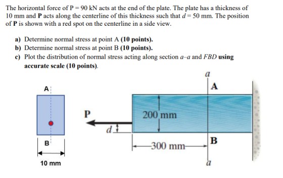 The horizontal force of P = 90 kN acts at the end of the plate. The plate has a thickness of 10 mm and Pacts along the center