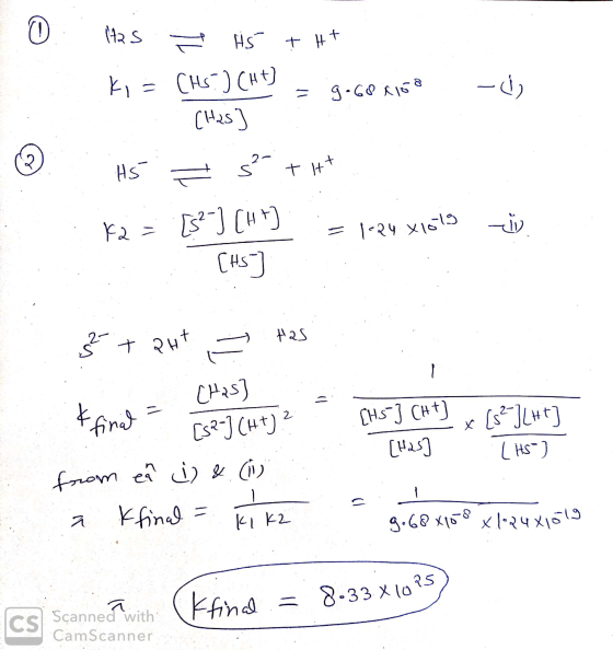 0.. - HSS + H+ ki= CHS.) (H+) = g.Gen168 (Hus] Hs = 5 + H+ f2 = 3?] [ut] =1-24 xls to ☺ jo. TH5-] Cht) 3 + 2H+ = tes Chas) &
