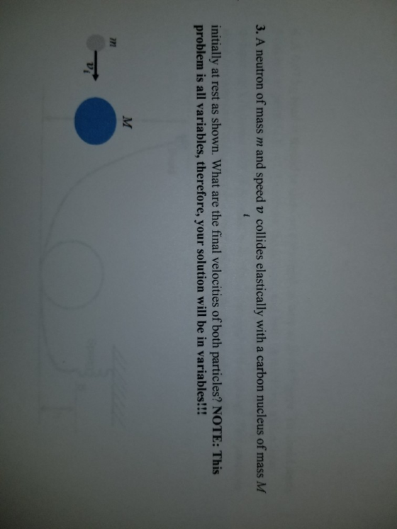3. A neutron of mass m and speed v collides elastically with a carbon nucleus of mass M initially at rest as shown. What are