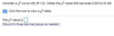 Consider a x--curve with di = 22. Obtain the y-value that has area 0.025 to its left. Click the icon to view a x2-table. The