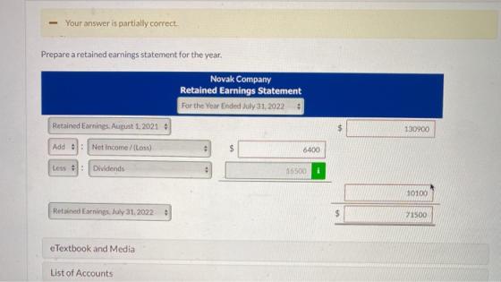 Your answer is partially correct. Prepare a retained earnings statement for the year. Novak Company Retained Earnings Stateme