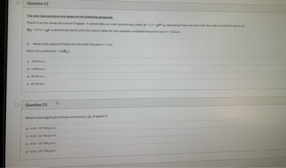 Question 22 The next two questions are based on the following paragraphe Planet X on the newly discovered Trappist-1 system l