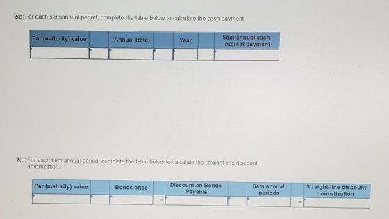 2(a)For each semiannual period, complete the table below to calculate the cash payment. Par (maturity) value Annual Rate Year