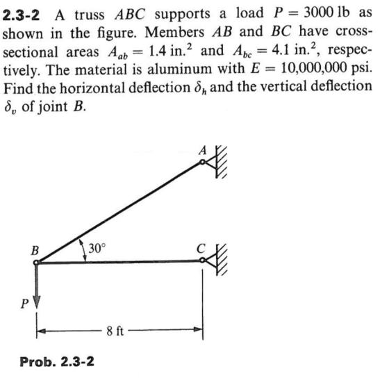 2.3-2 A truss ABC supports a load P= 3000 lb as shown in the figure. Members AB and BC have cross- sectional areas Aab-1.4 in.2 and Abc-4.1 n.2, respec- tively. The material is aluminum with E = 10,000,000 psi. Find the horizontal deflection and the vertical deflection 6, of joint B 30° 8 ft Prob. 2.3-2