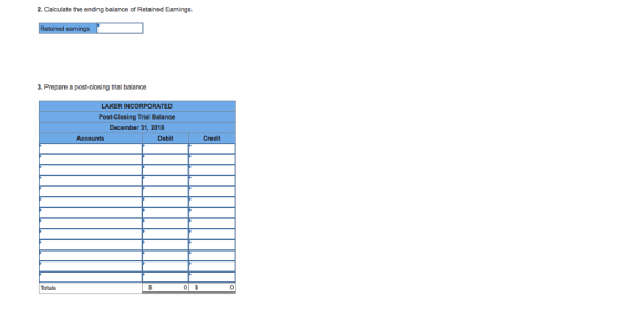 2. Calculate the ending balance of Retained Eamings. 3. Prepare a post-closing trial balance LAKER INCORPORATED Post-Closing Trial Balance December 31, 2018 Accounts Debit Credit Totals