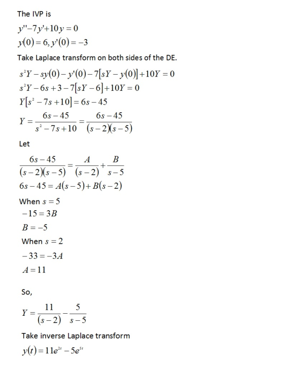 The IVP is y-7y+10y 0 0) 6, y(0) 3 Take Laplace transform on both sides of the DE sysy(0)-y07[sY - y(0) -7sY -6]+10Y 0 +1