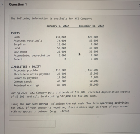Question 1 The following information is available for XYZ Company: January 1, 2022 December 31, 2022 ASSETS Cash Accounts rec