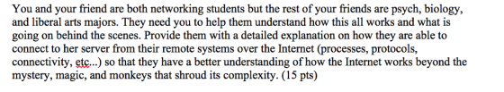 You and your friend are both networking students but the rest of your friends are psych, biology, and liberal arts majors. They need you to help them understand how this all works and what is going on behind the scenes. Provide them with a detailed explanation on how they are able to connect to her server from their remote systems over the Internet (processes, protocols, connectivity, etc...) so that they have a better understanding of how the Internet works beyond the mystery, magic, and monkeys that shroud its complexity. (15 pts)