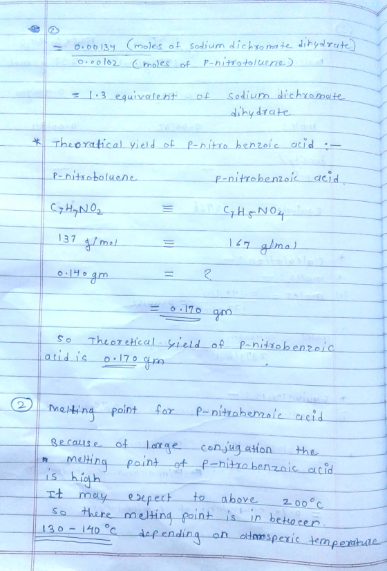 - 0.00134 oroolo2 (moles of sodium dichromate dinydrate) Cmoles of p-nitrotoluene) = 1.3 equivalent of sodium dichromate dihy