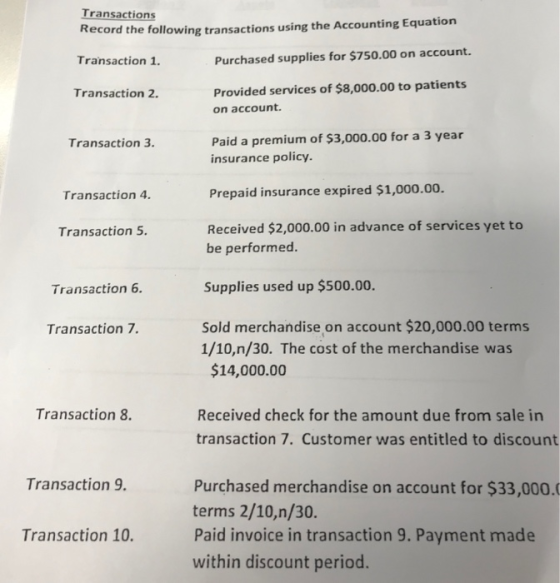 Transactions Record the following transactions using the Accounting Equation Transaction 1. Purchased supplies for $750.00 on