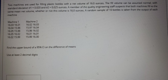 Two machines are used for filling plastic bottles with a net volume of 16.0 ounces. The fill volume can be assumed normal, wi