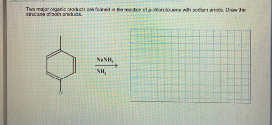 Two major organic products are formed in the reaction of p-chlorotoluene with sodium amide. Draw the structure of both produc