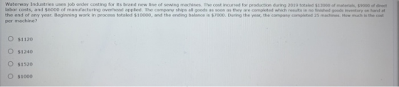 Waterway Industries uses job order costing for its brand new line of sewing machines. The cost incurred for production during