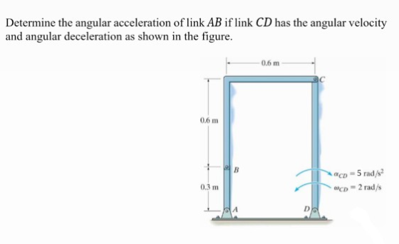 Determine the angular acceleration of link AB ifink CD has the angular velocity and angular deceleration as shown in the figure. 0.6 m 0.6 m c-5 rad/s2 0.3 m