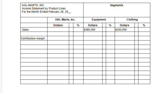Segments HAL-MARTS, INC Income Statement by Product Lines For the Month Ended February 28, 20__ HAL-Marts, Inc. Clothing Doll