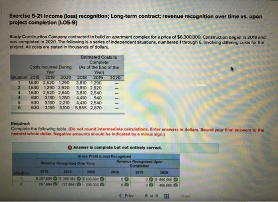 Exercise 5-21 Income (loss) recognition; Long-term contract; revenue recognition over time vs. upon project completion (LO5-9