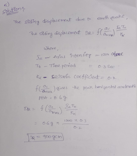 solutiono due to earth quake, The sliding displacement The sliding displacement Dr= flames) The where, fa - Arias intensitup