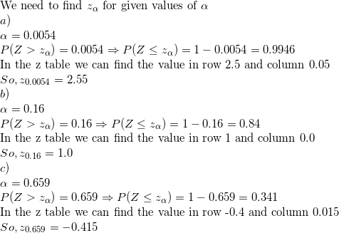 \small \\$We need to find $z_{\alpha} $ for given values of $\alpha\\ a)\\ \alpha=0.0054\\ P(Z>z_{\alpha})=0.0054\Rightarrow P(Z\le z_{\alpha})=1-0.0054=0.9946\\ $In the z table we can find the value in row 2.5 and column 0.05$\\ So,z_{0.0054}=2.55\\ b)\\ \alpha=0.16\\ P(Z>z_{\alpha})=0.16\Rightarrow P(Z\le z_{\alpha})=1-0.16=0.84\\ $In the z table we can find the value in row 1 and column 0.0$\\ So,z_{0.16}=1.0\\ c)\\ \alpha=0.659\\ P(Z>z_{\alpha})=0.659\Rightarrow P(Z\le z_{\alpha})=1-0.659=0.341\\ $In the z table we can find the value in row -0.4 and column 0.015$\\ So,z_{0.659}=-0.415\\