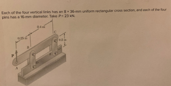 Each of the four vertical links has an 8 x 36-mm uniform rectangular cross section, and each of the four pins has a 16-mm dia