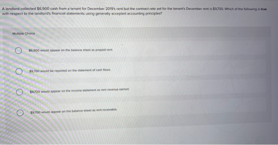 A landlord collected $6,900 cash from a tenant for December 2019s rent but the contract rate set for the tenants December r