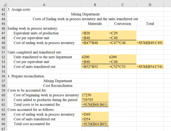 А. B 44 45 D 42 3. Assign costs 43 Mixing Department Costs of Ending work in process inventory and the units transferred out