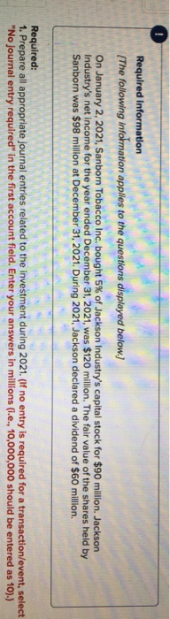Required Information [The following information applies to the questions displayed below.) On January 2, 2021, Sanborn Tobacc