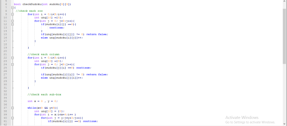 л bool checkSudoku (int sudoku[9] [9]) о р о о //check each row for (int i = 0;i<9;i++) { int ung[10] ={0}; for(int j = 0; j<