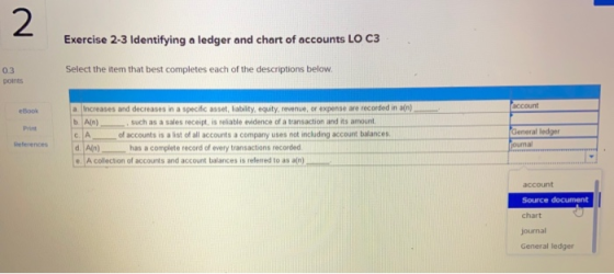 Exercise 2-3 Identifying a ledger and chart of accounts LO C3 Select the item that best completes each of the descriptions be