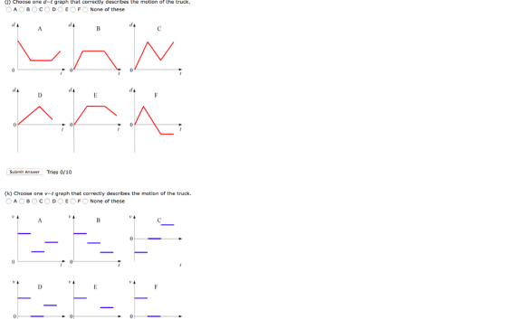 ) Choose one d-t graph that correctly describes the motion of the truck. 0 A B O c O D ° E O F O None of these Submit Answer Tries 0/10 (k) Choose one v-t graph that correctly describes the motion of the truck. A 0 B c O D E O F O None of these