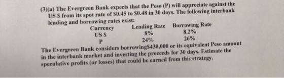 (3)(a) The Evergreen Bank expects that the Peso (P) will appreciate against the US S from its spot rate of S0.45 to S0.48 in 30 days. The following interbank lending and borrowing rates exist: Lending Rate 8% 24% Borrowing Rate Currency US S 8.2% 26% The Evergreen Bank considers borrowingS430,000 or its equivalent Peso amount in the interbank market and investing the proceeds for 30 days. Estimate the speculative profits (or losses) that could be earned from this strategy
