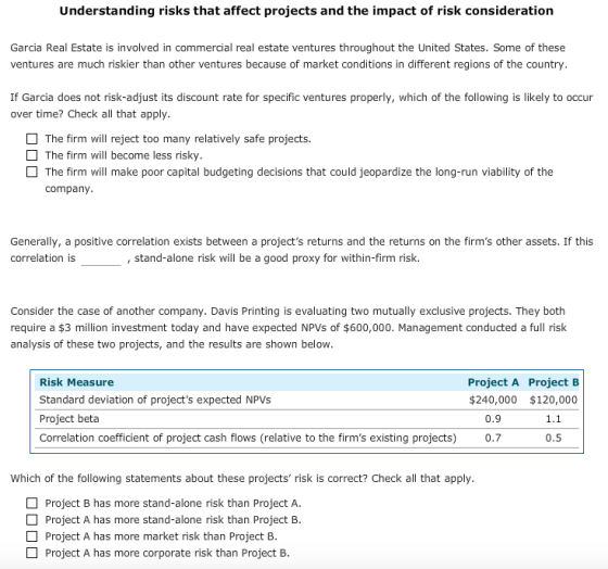 Understanding risks that affect projects and the impact of risk consideration Garcia Real Estate is involved in commercial real estate ventures throughout the United States. Some of these ventures are much riskier than other ventures because of market conditions in different regions of the country If Garcia does not risk-adjust its discount rate for specific ventures properly, which of the following is likely to occur over time? Check all that apply The firm will reject too many relatively safe projects The firm will become less risky The firm will make poor capital budgeting decisions that could jeopardize the long-run viability of the company Generally, a positive correlation exists between a projects returns and the returns on the firms other assets. If this correlation is , stand-alone risk will be a good proxy for within-firm risk. Consider the case of another company. Davis Printing is evaluating two mutually exclusive projects. They both require a $3 milion investment today and have expected NPVs of $600,000. Management conducted a full risk analysis of these two projects, and the results are shown below Risk Measure Standard deviation of projects expected NPVs Project beta Correlation coefficient of project cash flows (relative to the firms existing projects) Project A Project B $240,000 $120,000 0.9 0.7 0.5 Which of the following statements about these projects risk is correct? Check all that apply Project B has more stand-alone risk than Project A. Project A has more stand-alone risk than Project B Project A has more market risk than Project B Project A has more corporate risk than ProjectB