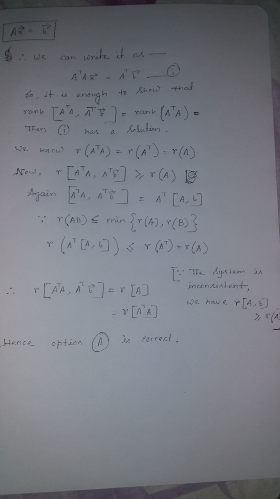 Az = 5 .. we can write it as - T-> A TAX - A to show that So, it is enough 7] rank [ATA, A rank Then solution : has a we Now,