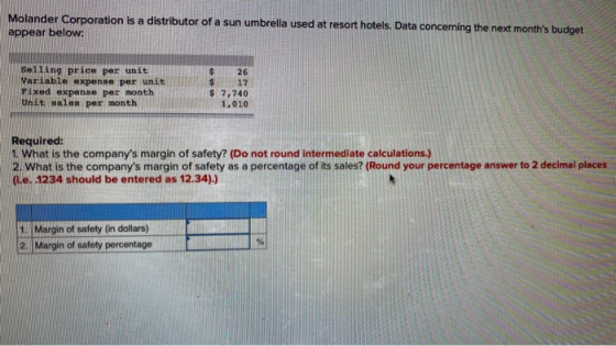 Molander Corporation is a distributor of a sun umbrella used at resort hotels. Data concerning the next months budget appear