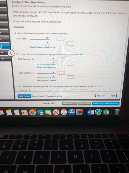 Problem 9-92A (Algorithmic) Entries for and Financial Statement Presentation of a Note TIL Perez Company borrowed $51,000 fro