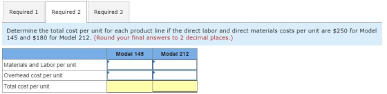 Required 1 Required 2 Required 3 Determine the total cost per unit for each product line if the direct labor and direct mater