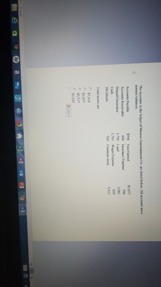 The accounts in the ledger of Monroe Entertainment Co, are listed below. All accounts have normal balances Accounts Payable A