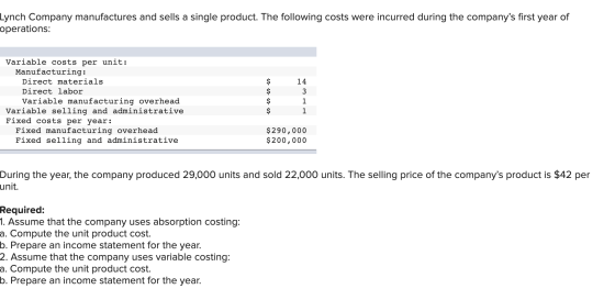 Lynch Company manufactures and sells a single product. The following costs were incurred during the companys first year of o