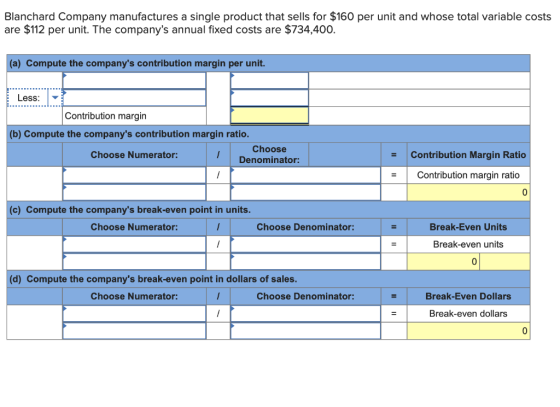 Blanchard Company manufactures a single product that sells for $160 per unit and whose total variable costs are $112 per unit