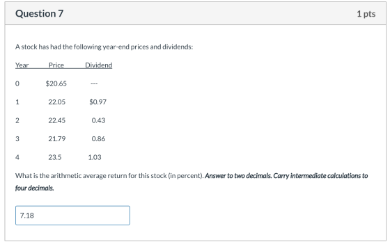 Question 7 1 pts A stock has had the following year-end prices and dividends: Dividend Year Price $20.65 $0.97 22.05 22.45 0.