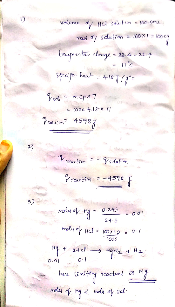 volume of Hal solution - 100 ome mais of solution - 100%1 =100 temperalow clonge = 33.4 -22.4 11°C Specific heat - 4-187/99c