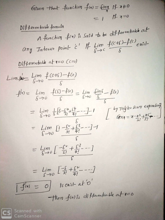 Given that function fix) = sing if ato if no Differentiable formula A function f(n) is said to be differentiable at any Inter