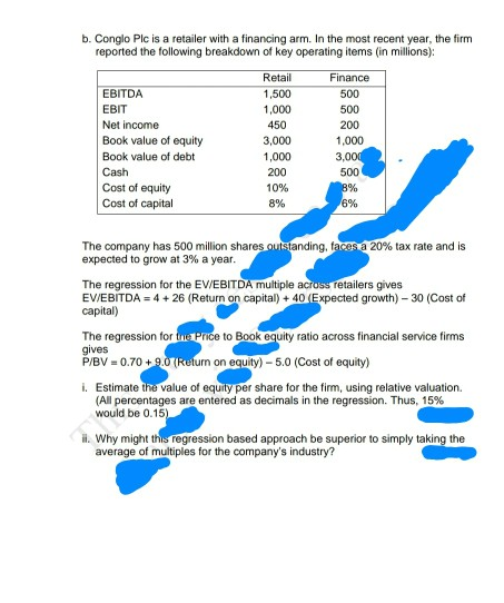 b. Conglo Plc is a retailer with a financing arm. In the most recent year, the firm reported the following breakdown of key o