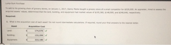 Lump-Sum Purchase To add to his growing chain of grocery stores, on January 1, 2017, Danny Marks bought a grocery store of a
