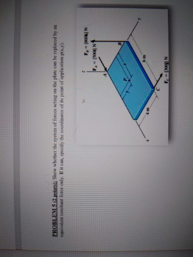 PROBLEM 52 points): Show whether the system of forces acting on the plate can be replaced by an equivalent resultant force on