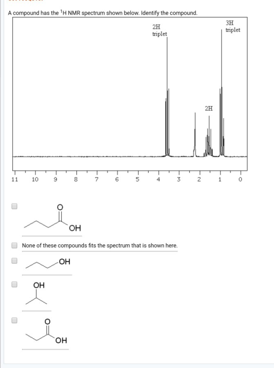 A compound has the H NMR spectrum shown below. Identify the compound. 2H triplet Зн triplet 2H 11 10 9 8 7 6 5 4 3 2 1 он No