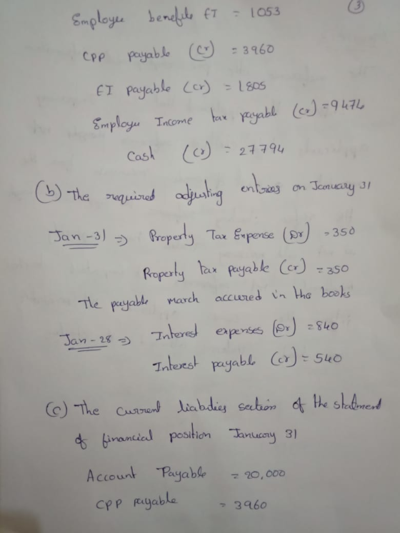Employee benefite fT = 1053 Cpp payable (C) = 3960 EI payable (cr) = 1805 Employu Income tax payable (x) = 94746 Cash (co) =