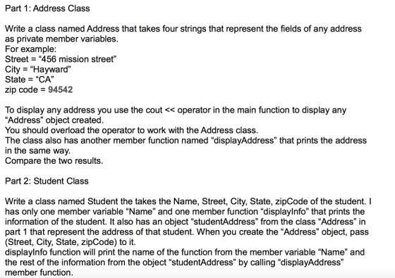 Write a class named Address that takes four string