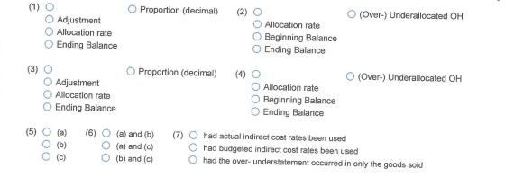 (1) O Proportion (decimal) (2) (Over-) Underallocated OH Adjustment Allocation rate Ending Balance Allocation rate Beginning