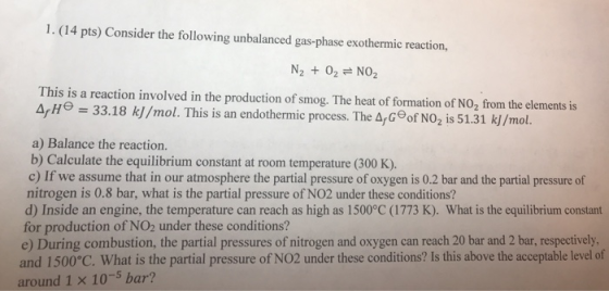1. (14 pts) Consider the following unbalanced gas-phase exothermic reaction, N2 + O2 = NO2 This is a reaction involved in the