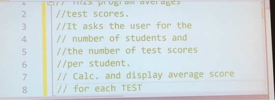 //test scores. //It asks the user for the // number of students and //the number of test scores //per student. // Calc. and display average score // for each TEST 2 4 6 7